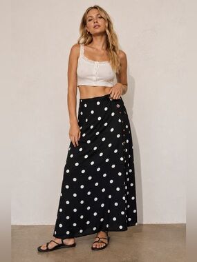 Free People Black & White Polka Dot Wrap Maxi Skirt Size 12 EUC